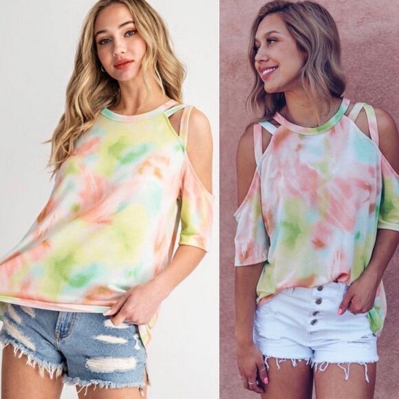 Sherbet Neon Baby French Terry Tie Dye Cold Shoulder Top Sizes Small & Med NWT - Picture 6 of 6